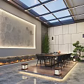 Villa Balcony With Glass Roof Large Decorative Painting Stone Wall Fireplace Table Chairs And Plants