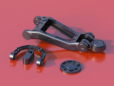 Black Metal Mechanical Bracket With Ring Shaped Part And Circular Toothed Component On Red Background 3d model