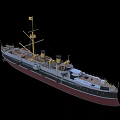 Vintage Warship Model Featuring Multiple Turrets Mast Chimney Yellow Flag Dark Hull and Deck Details