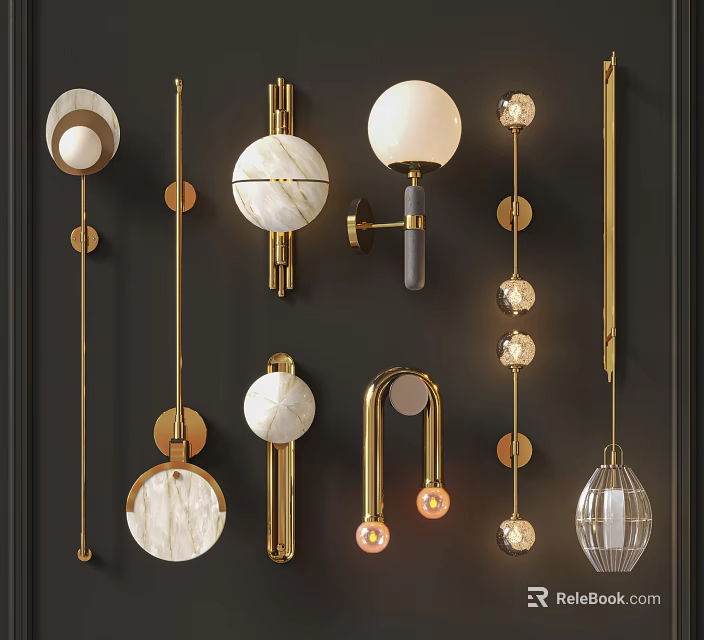 Modern Wall Lamps With Various Designs Gold Metal Marble And Transparent Glass 3d model 