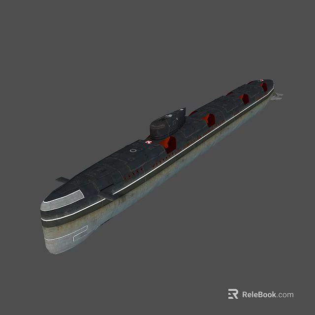 Black Hull Military Submarine Water Vehicle With Red Windows And Streamlined Design 3d model 