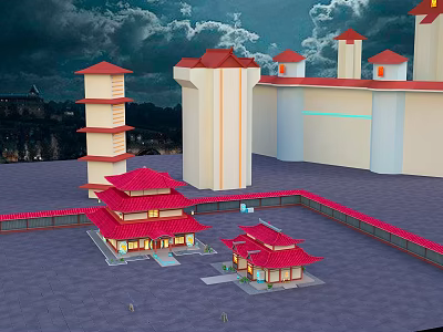 Ancient Chinese Architecture Featuring Red Roofs Pagoda Towers And Courtyard Design 3d model