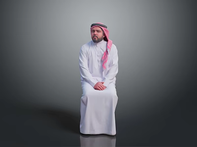 Man In Traditional White Robe With Pink Headscarf Sitting On Gray Background 3d model