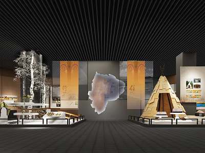 Exhibition Hall Interior With Birch Trees Hanging Banners Map Design And Teepee Structure 3d model