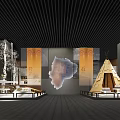 Exhibition Hall Interior With Birch Trees Hanging Banners Map Design And Teepee Structure 3d model