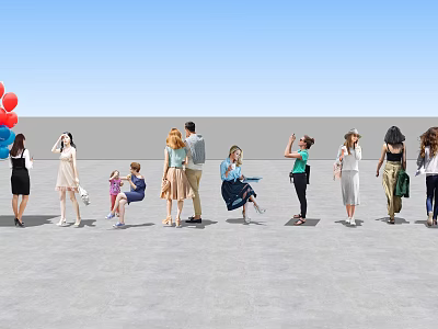 Group Of People Standing Outdoors With Red And Blue Balloons 3d model