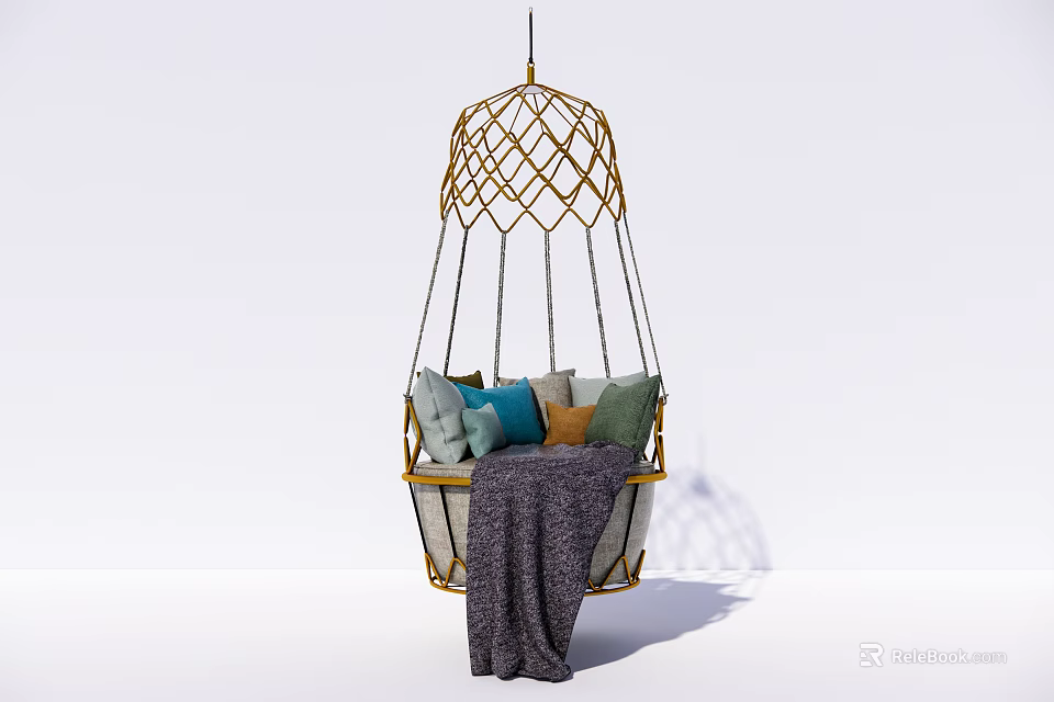 Stylish Cozy Hanging Chair With Golden Woven Frame Colorful Cushions And Soft Blanket 3d model 