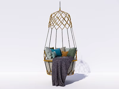 Stylish Cozy Hanging Chair With Golden Woven Frame Colorful Cushions And Soft Blanket 3d model