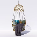Stylish Cozy Hanging Chair With Golden Woven Frame Colorful Cushions And Soft Blanket