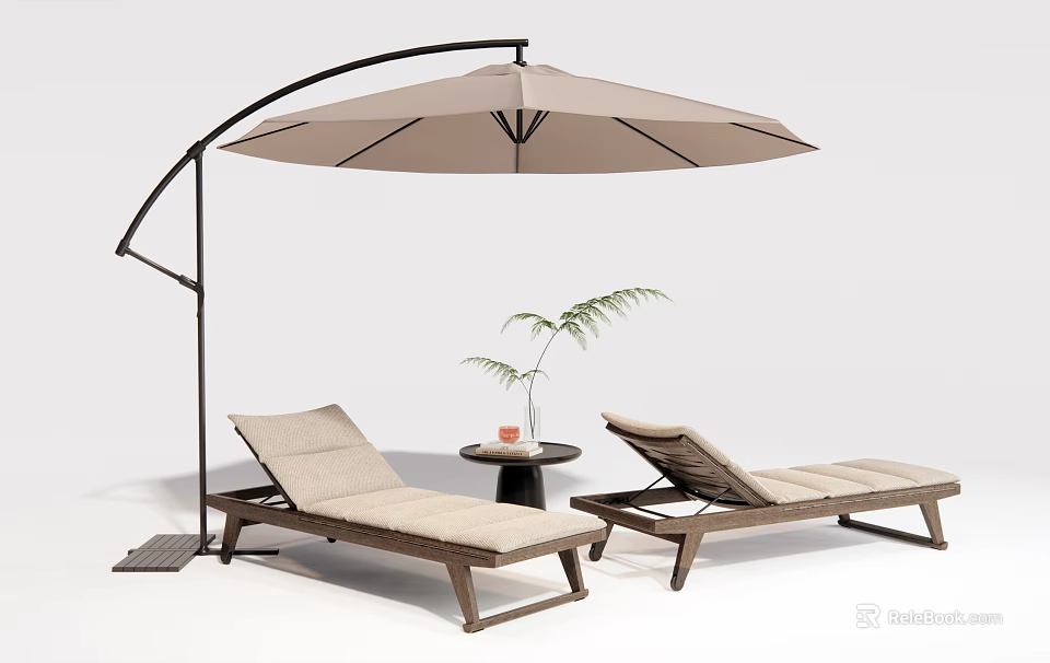 Outdoor Wooden Lounge Chairs With Cushioned Seats And Umbrella Side Table Decorative Plant 3d model 