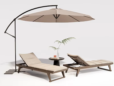 Outdoor Wooden Lounge Chairs With Cushioned Seats And Umbrella Side Table Decorative Plant 3d model