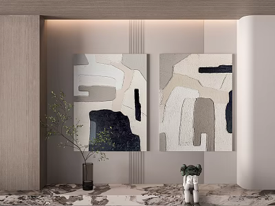 Modern Interior Design With Abstract Art Paintings Decorative Plants And Marble Floor 3d model