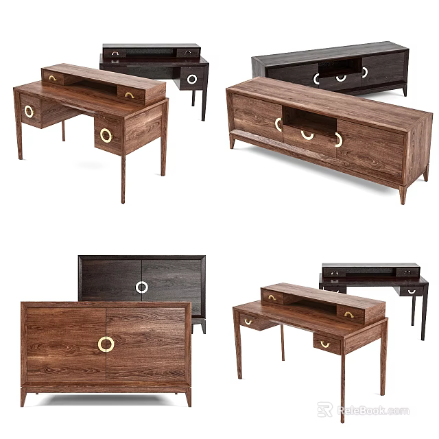 Stylish Walnut Decorative Cabinets With Drawers Doors And Metal Ring Handles Various Styles 3d model 
