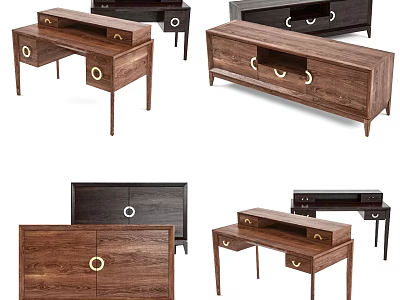 Stylish Walnut Decorative Cabinets With Drawers Doors And Metal Ring Handles Various Styles 3d model