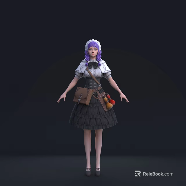 Game Movie Character With Purple Hair White Top Black Skirt And Brown Bag 3d model 