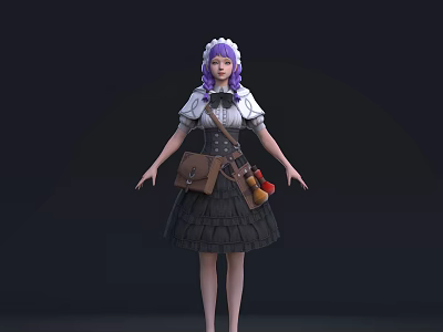 Game Movie Character With Purple Hair White Top Black Skirt And Brown Bag 3d model