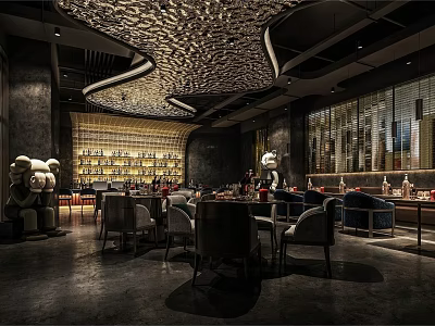 Modern Bar Interior Design With Textured Ceiling Warm Lighting Comfortable Seating And Art Decorations 3d model