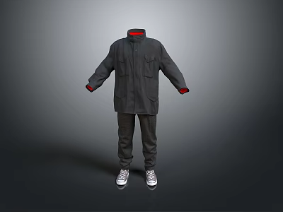 Everyday Wear Set With Gray Coat Pants And White Sneakers Red Collar Cuff Trim 3d model
