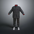 Everyday Wear Set With Gray Coat Pants And White Sneakers Red Collar Cuff Trim