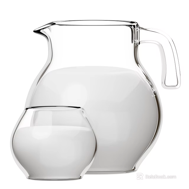 Refreshing Pure White Beverage in Transparent Glass Pitcher and Cup 3d model 