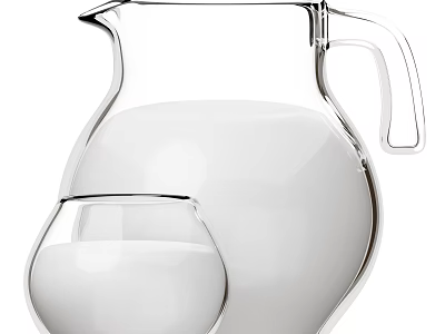 Refreshing Pure White Beverage in Transparent Glass Pitcher and Cup 3d model