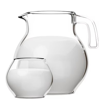Refreshing Pure White Beverage in Transparent Glass Pitcher and Cup 3d model