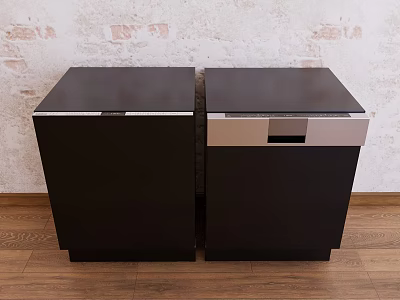 Two Black Built in Kitchen Appliances With Silver Trim On Wooden Floor 3d model