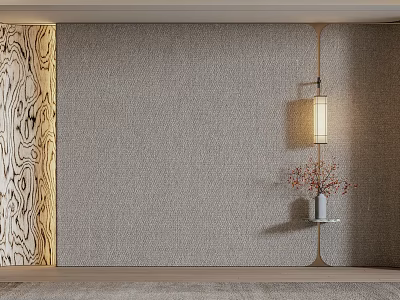Gray Texture Wall with Wooden Decoration Wall Lamp Vase Dried Flowers and Beige Floor 3d model