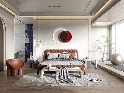 Modern Bedroom Interior With Tufted Bed Circular Mirror And Area Rug 3d model