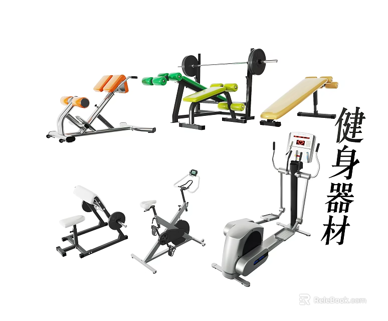 Various Fitness Equipment Including Treadmill Dumbbells Exercise Bike And Weight Bench 3d model 