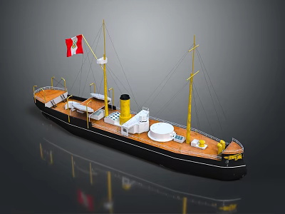 Vintage Ship Model As Water Transport With Canadian Flag Yellow Masts Wooden Deck 3d model