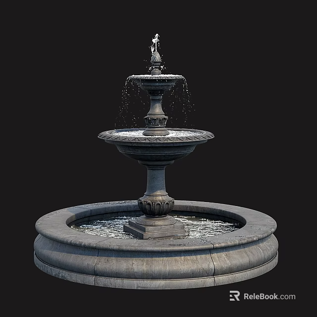 Ground Featuring Multi tiered Fountain With Circular Base And Flowing Water 3d model 