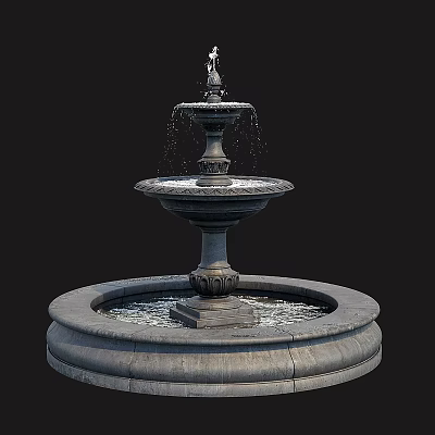 Ground Featuring Multi tiered Fountain With Circular Base And Flowing Water 3d model