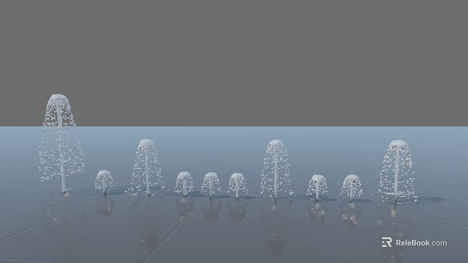 Modern Minimalist White Tree Shaped Garden Ornaments Arranged On Smooth Ground With Reflections 3d model 
