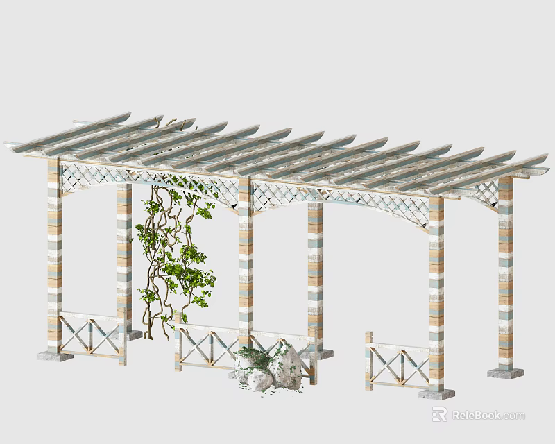 Decorative Outdoor Garden Pergola with Striped Columns Climbing Vines and Potted Plants 3d model 