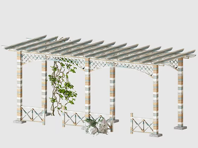 Decorative Outdoor Garden Pergola with Striped Columns Climbing Vines and Potted Plants 3d model