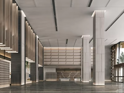 Modern Hotel Lobby Interior With High Ceiling Marble Floor And Wooden Panel Design 3d model
