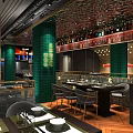 Modern Restaurant Interior Featuring Green Pillars Black Shiny Ceiling Central Counter And Stylish Stools