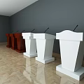 Six Brown And White Functional Podiums In Room With Wooden Floor And Gray Wall