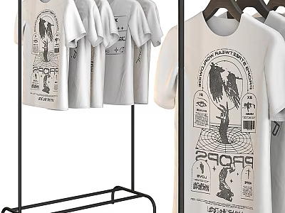 White T shirts With Graphic Prints Displayed On Clothing Rack 3d model