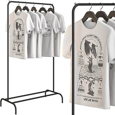 White T shirts With Graphic Prints Displayed On Clothing Rack 3d model