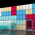 Youth Players Vibrant Colorful Cube Building Exhibition Hall With Entrance And Figures