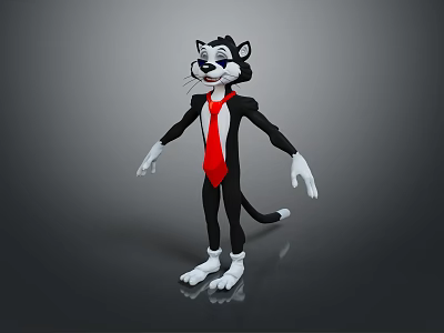 Black And White Cartoon Cat Character Wearing Red Tie And Suit In Standing Pose 3d model