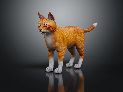 Orange and White Cat 3D Model Standing on Black Surface with Reflection 3d model