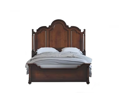 Classic Dark Brown Wooden Double Bed With Carved Headboard White Pillows And Light Bedding 3d model