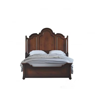 Classic Dark Brown Wooden Double Bed With Carved Headboard White Pillows And Light Bedding 3d model