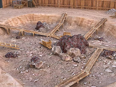 Circular Pit Terrain Featuring Wooden Fences Crossed Planks Various Rocks And Gravel Ground 3d model