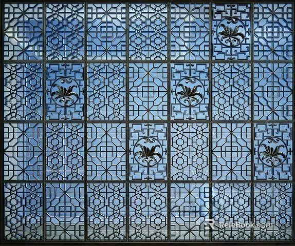 Decorative Blue Glass Partition With Intricate Geometric Patterns And Floral Motifs 3d model 
