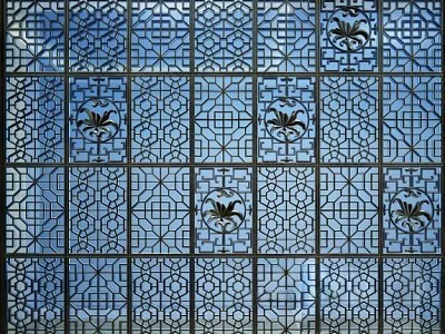 Decorative Blue Glass Partition With Intricate Geometric Patterns And Floral Motifs 3d model