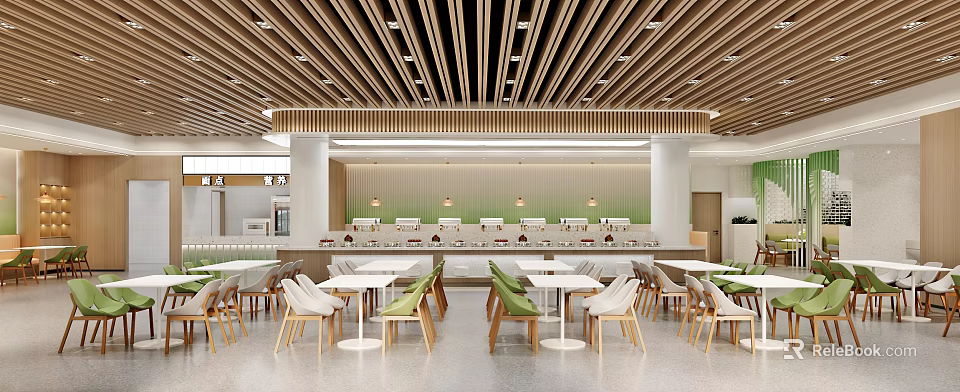 Modern Open Restaurant Interior With Wooden Ceiling White Tables And Green Cushions 3d model 
